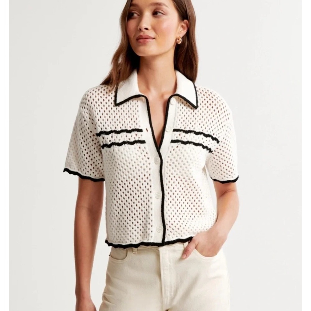 Abercrombie & Fitch Crochet Knit Button Down Top Women M White Black Stripe